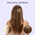 Before and after the GlossUp Anti-Frizz Brush, frizzy versus smooth shiny hair