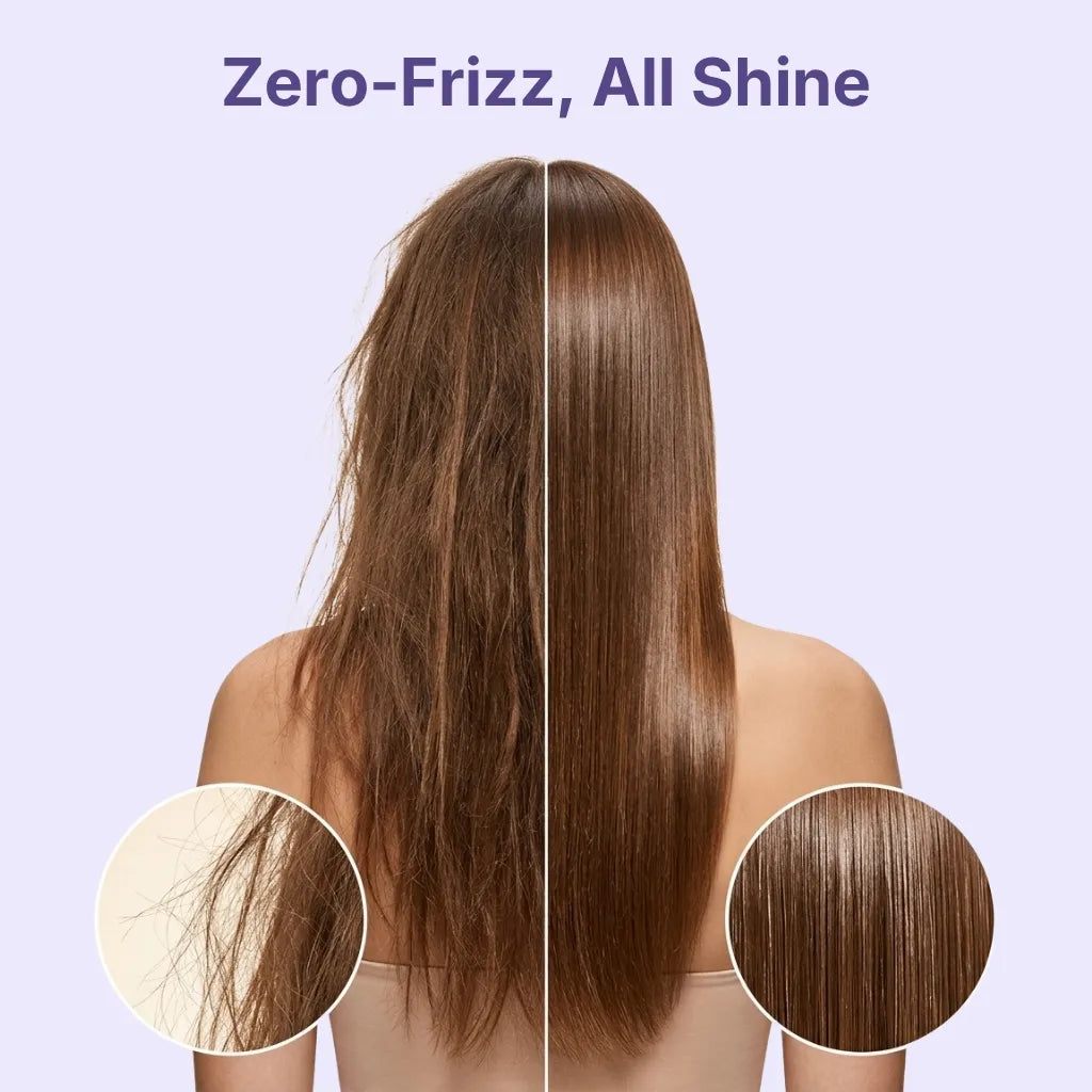 Before and after the GlossUp Anti-Frizz Brush, frizzy versus smooth shiny hair