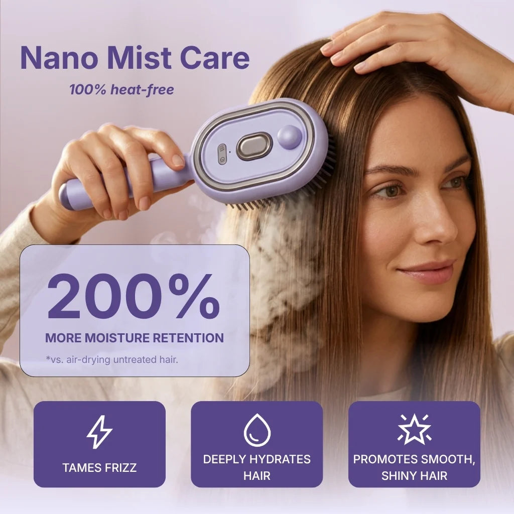 Woman using the GlossUp brush heat-free nano mist, 200% more moisture retention