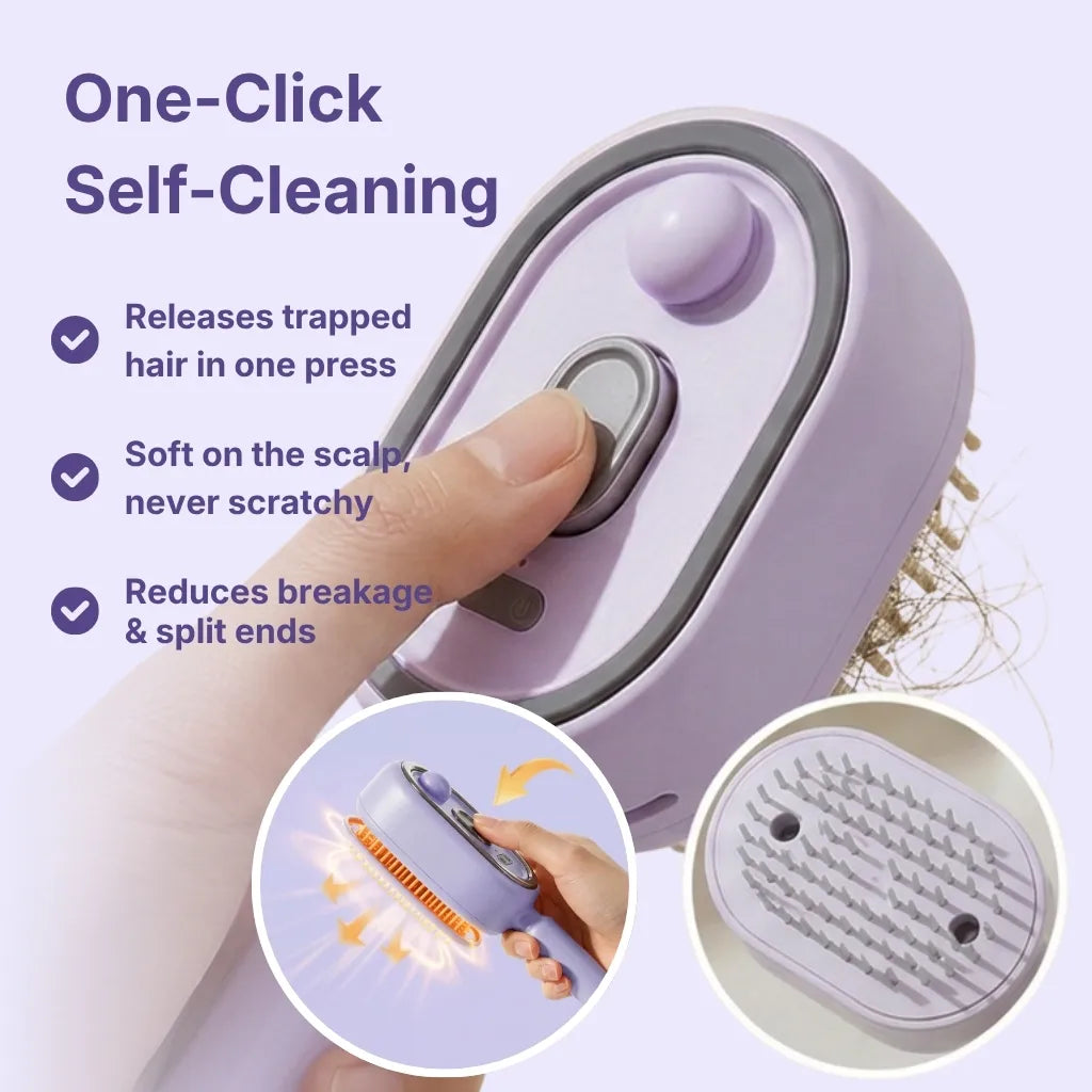 One-click self-cleaning button releasing trapped hair from the GlossUp brush