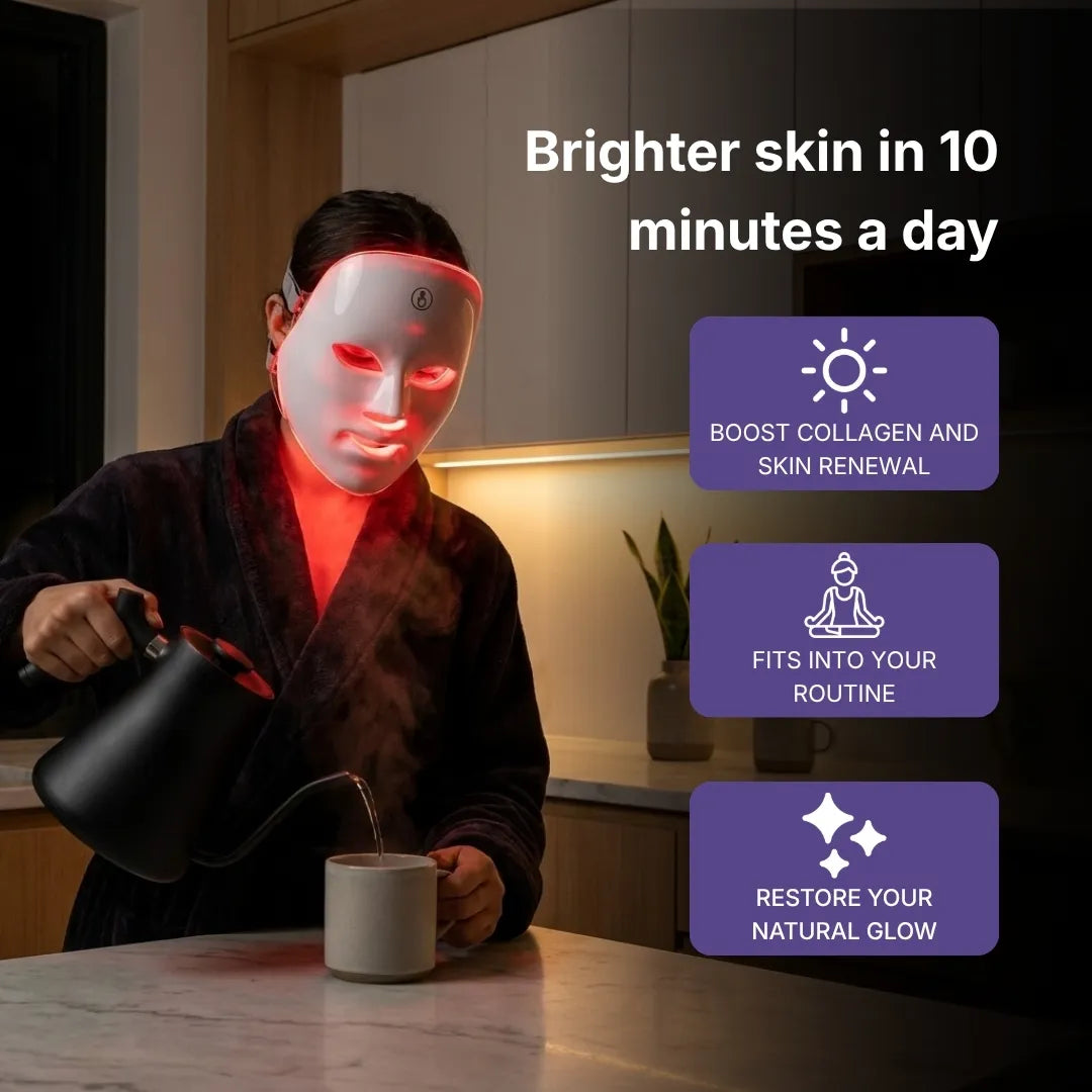 Brighter skin in 10 minutes . Daily LED therapy routine infographic