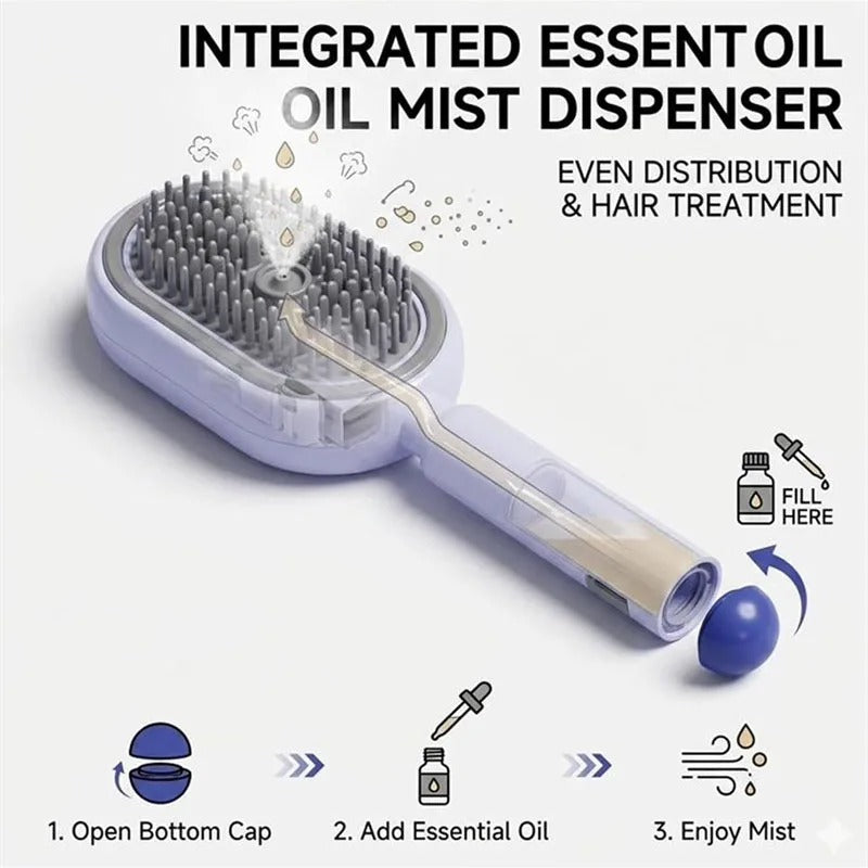 Electric Spray Air Cushion Massage Comb with Self-Cleaning, Anti-Tangle, Anti-Static, Volumizing Functions and Essential Oil Mist Aromatherapy Hair Care
